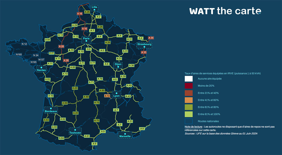 Carte des bornes de recharge sur autoroute en France en 2024