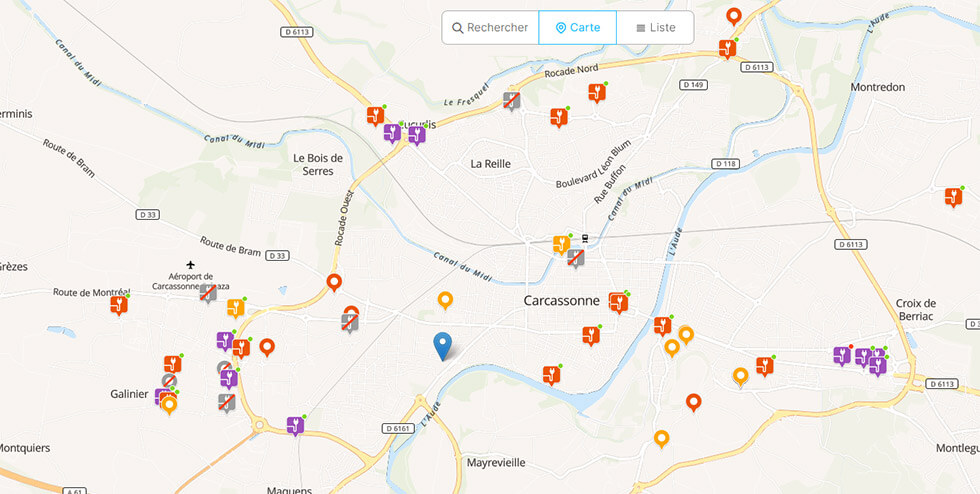 Exemple de Carcassonne, finalement peu de bornes pour une ville très fréquentée en été...